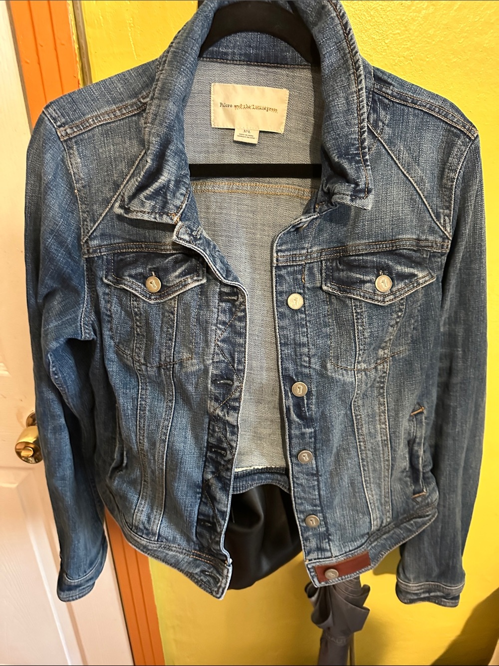 Pilcro  and the leather press from anthropology ,Distressed Mid-Blue Denim Jacke